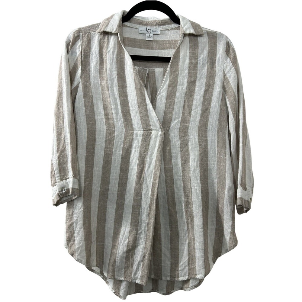 Lena Gabrielle Striped Linen Blouse S Tan‎ White V-Neck Wrap Coastal Minimalist